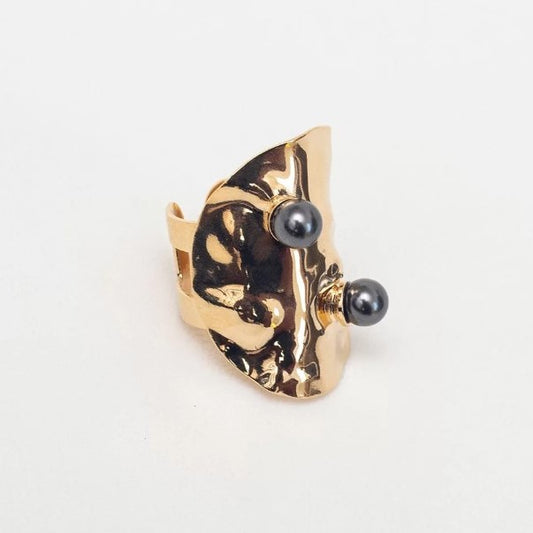 BLACK PEARL HAMMERED RING GOLD PLATED