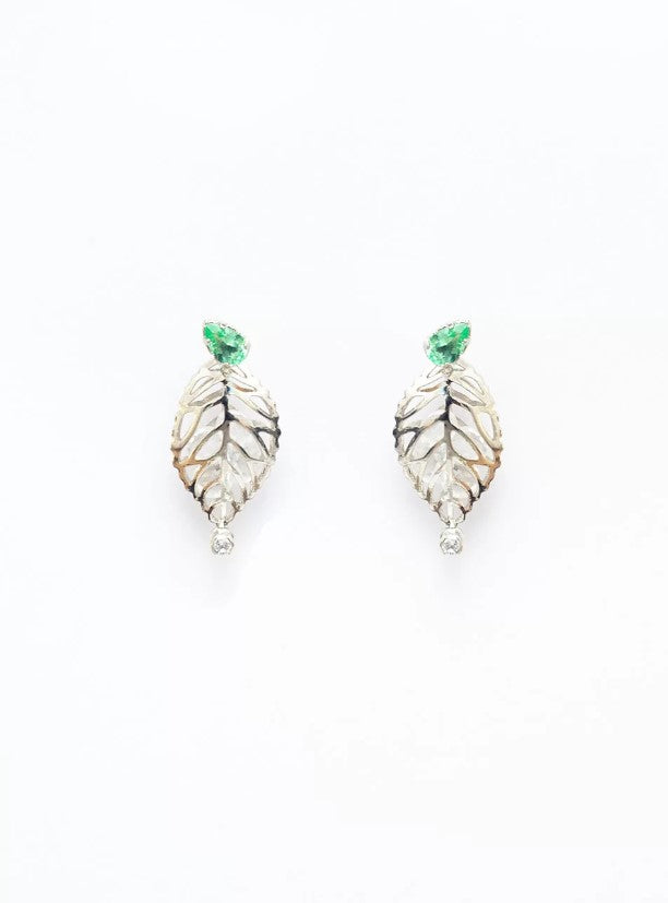 Cut out Leaf Earrings Green Crystal White Rhodium Plating