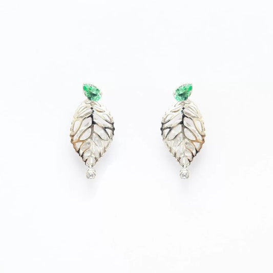 Cut out Leaf Earrings Green Crystal White Rhodium Plating