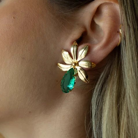 Flower Crystal Earrings, Paraíba Green Drop, Gold Plated