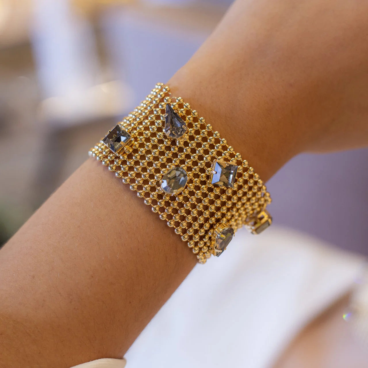 MESH BRACELET MIXED COLOR CRYSTALS GOLD PLATING