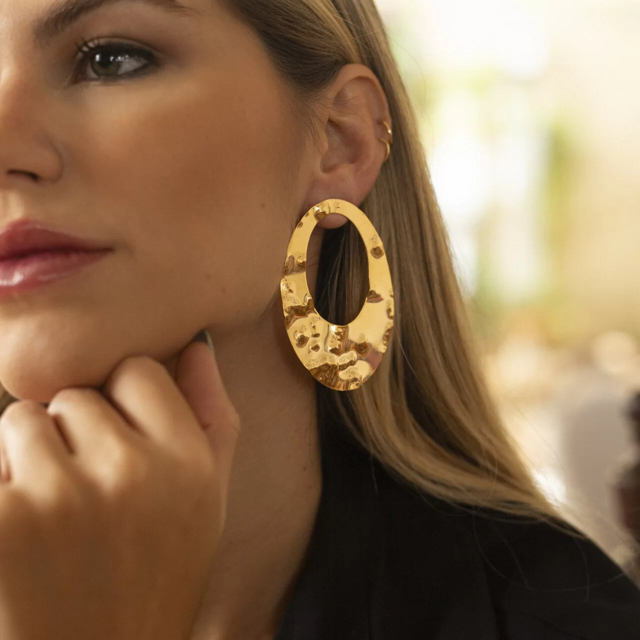 Natasha Earrings with Hammered Oval Disc and Gold Plating