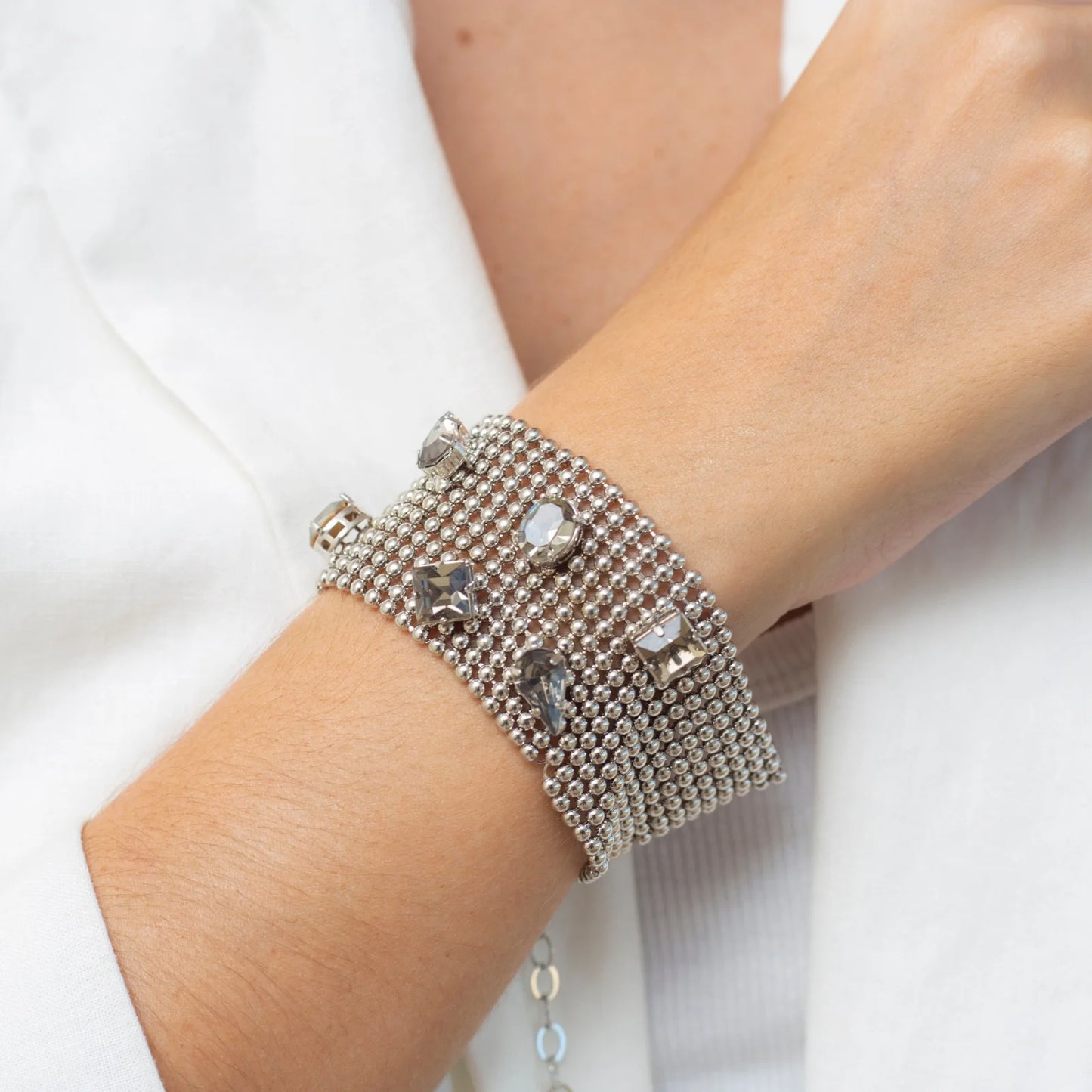 MESH BRACELET MIXED COLOR CRYSTALS WHITE RHODIUM PLATING