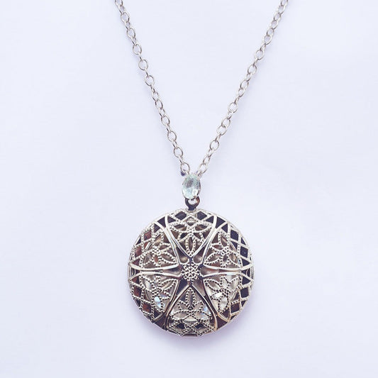 Round Arabesque Locket White Rhodium Necklace