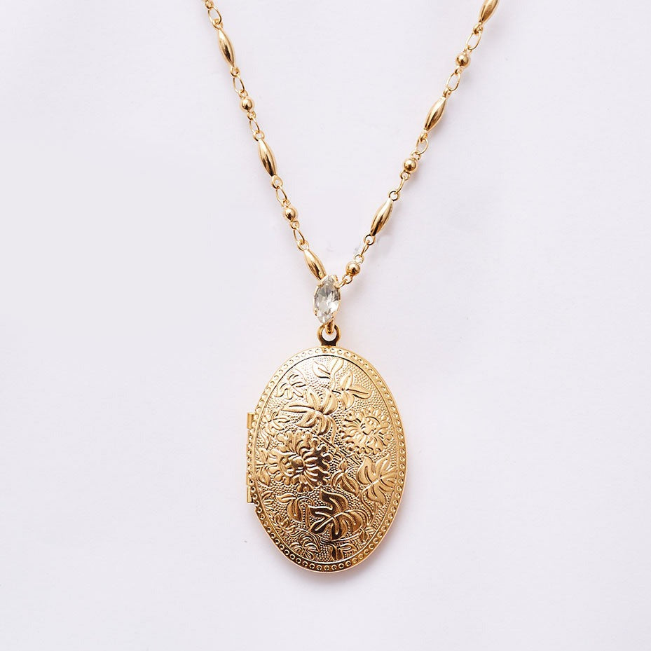 Floral Oval Locket Necklace Gold Plated