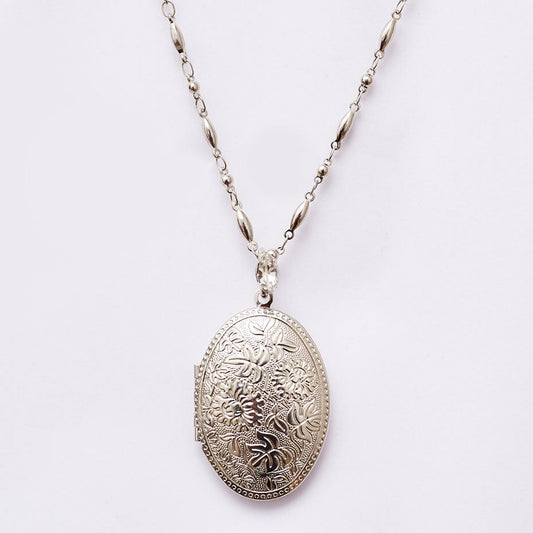 Floral Oval Locket Necklace White Rhodium Plated