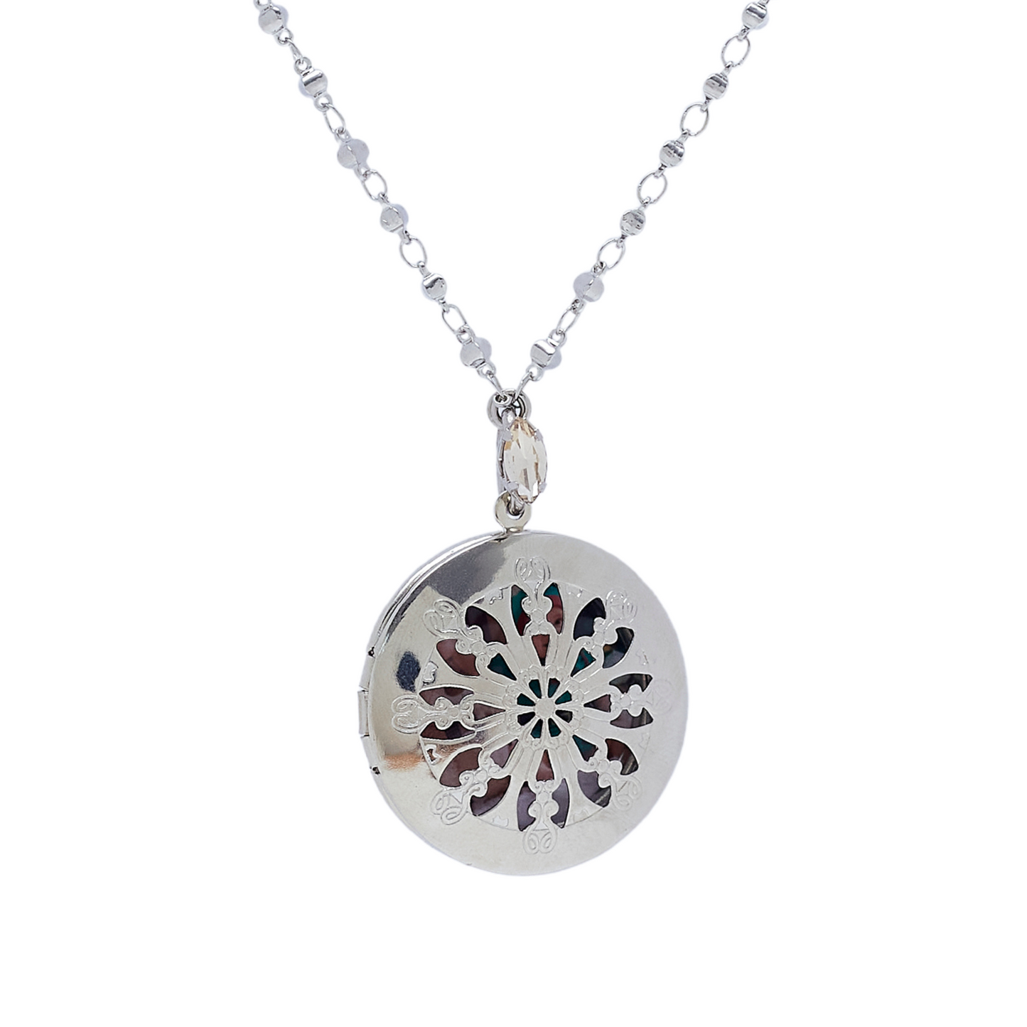 Vintage Round Locket Necklace White Rhodium