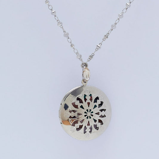 Vintage Round Locket Necklace White Rhodium