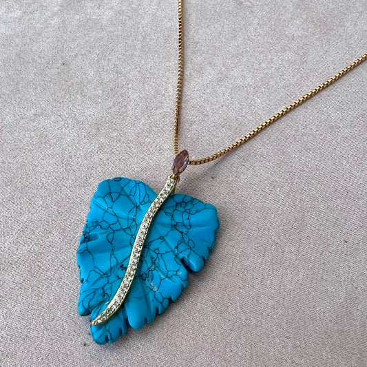 Turquoise Leaf Pendant Necklace Gold Plated